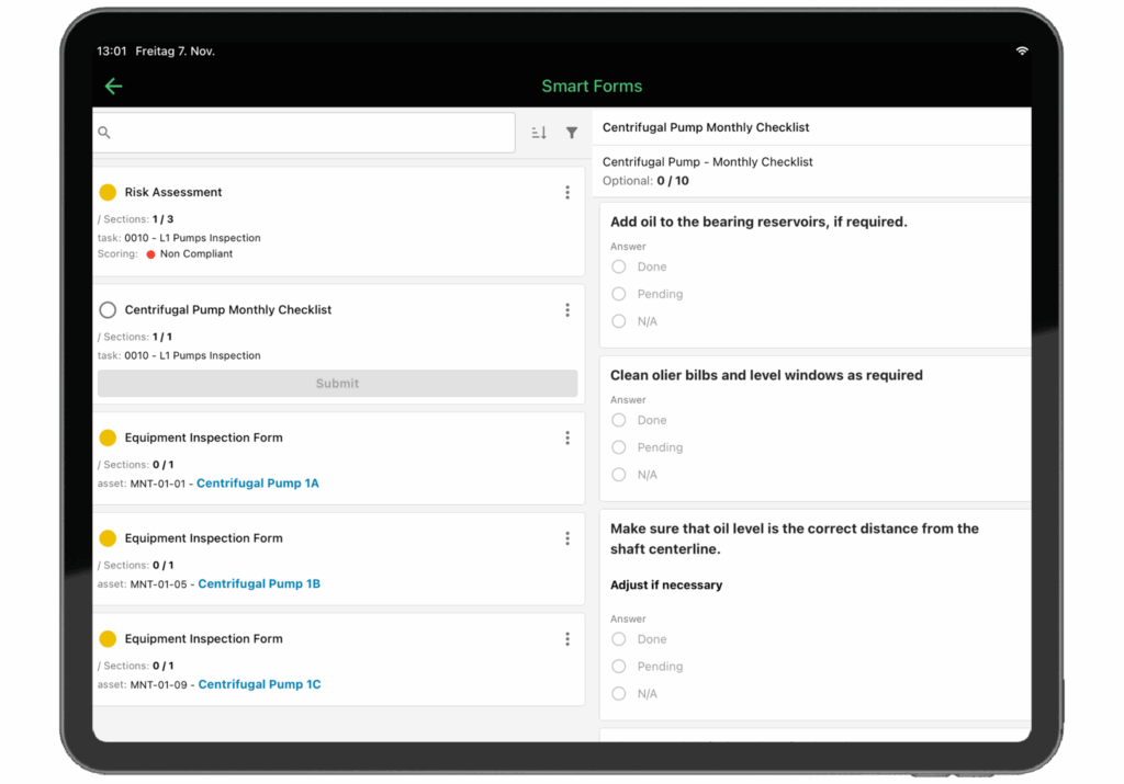 Digitale Checkliste für Reinigungs- und Schmierarbeiten