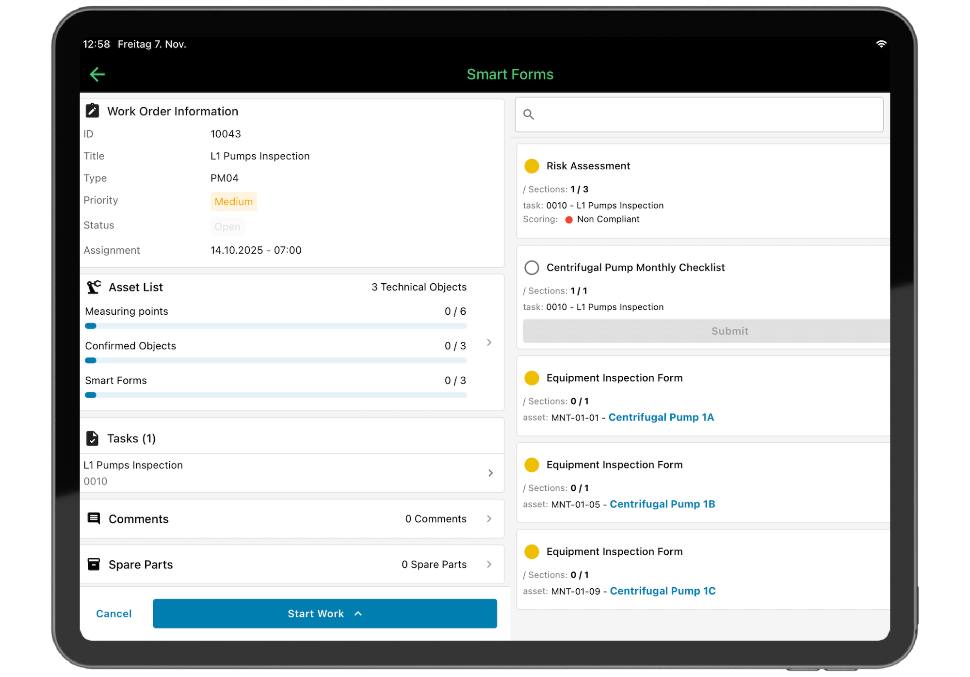 Mobile App-Ansicht mit ausgefüllter Checkliste für autonome Inspektion