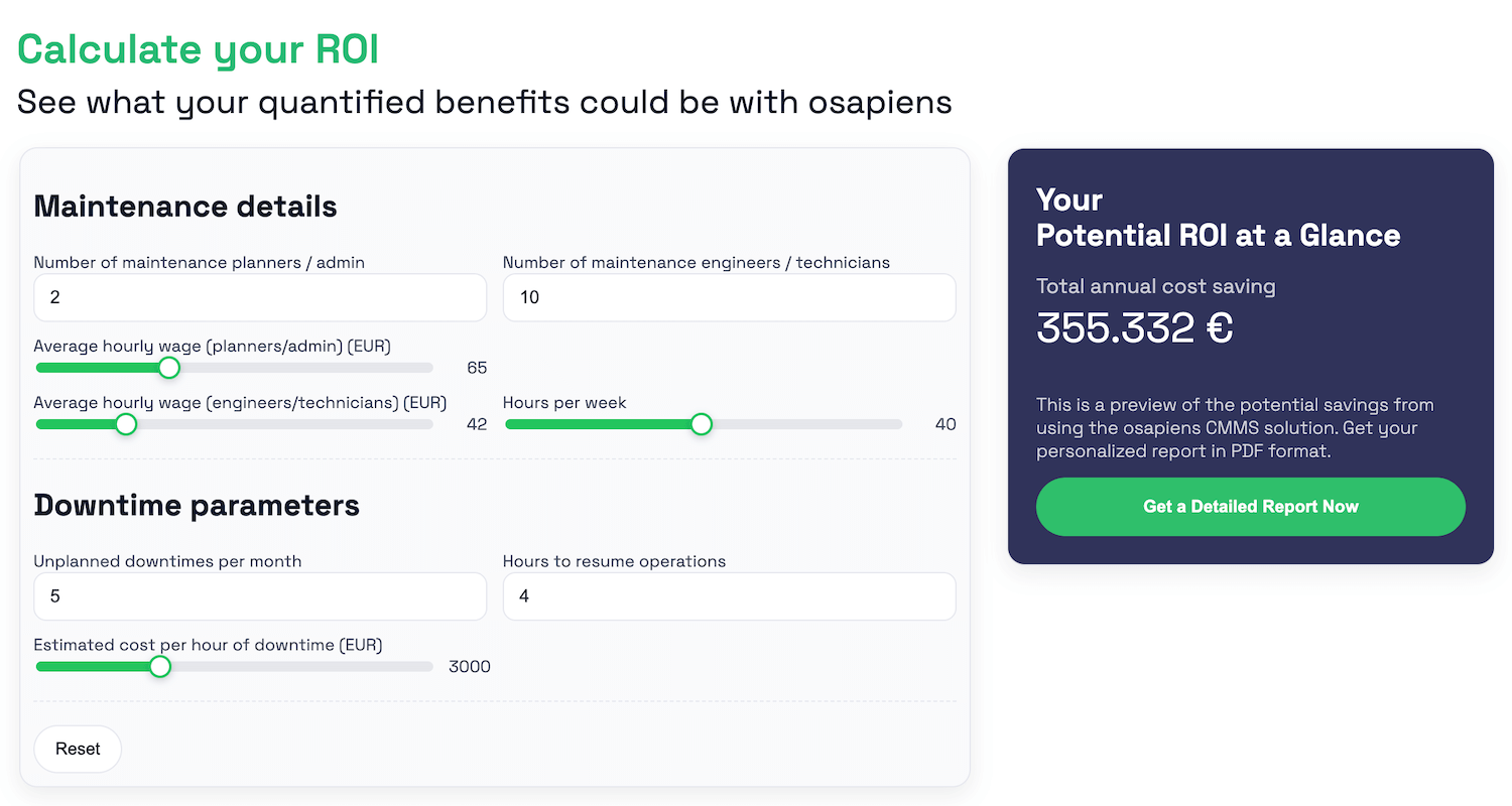 ROI Calculator osapiens HUB for Maintenance