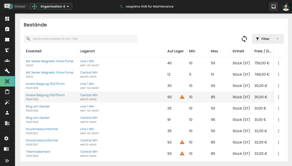Instandhaltungskosten berechnen: osapiens web-App Kostenübersicht.