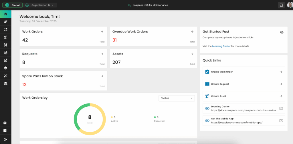 Ersatzteilmanagement Software: Dashboard Übersicht im osapiens HUB for Maintenance