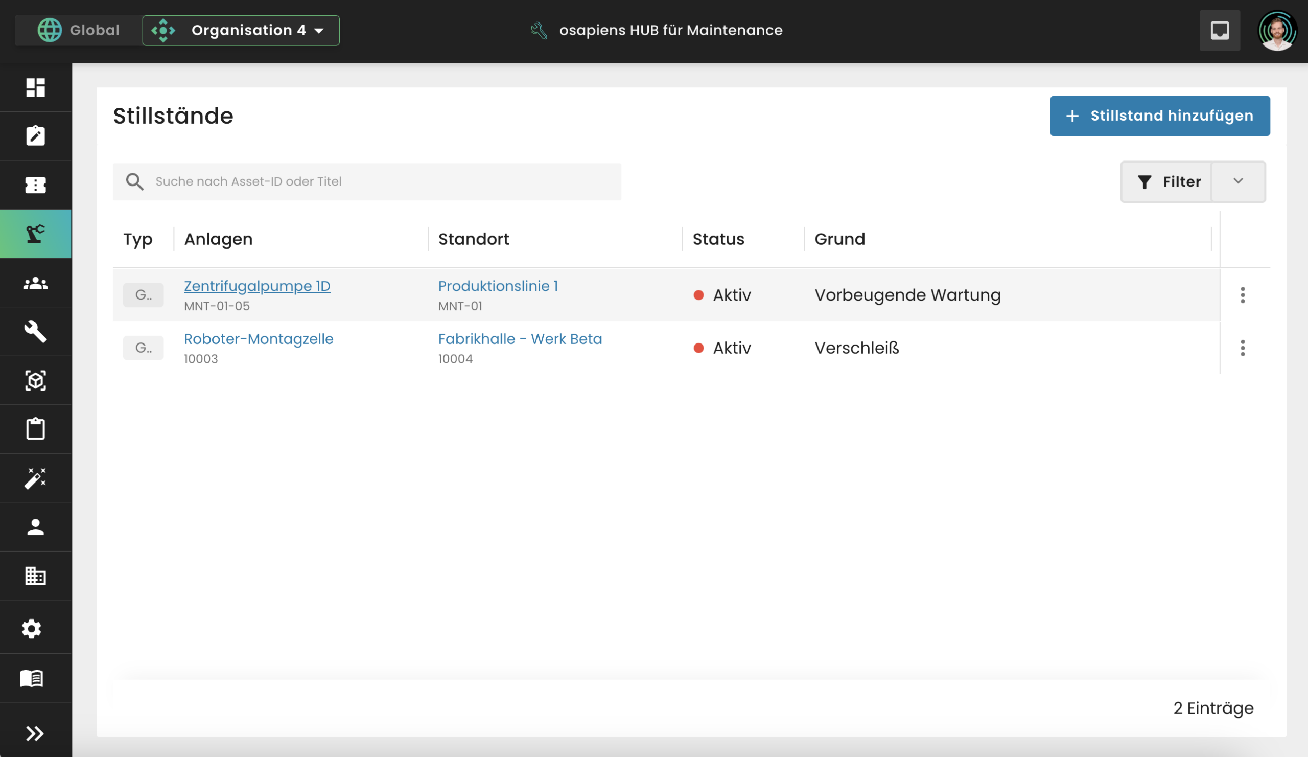 Stillstände-Übersicht mit osapiens HUB