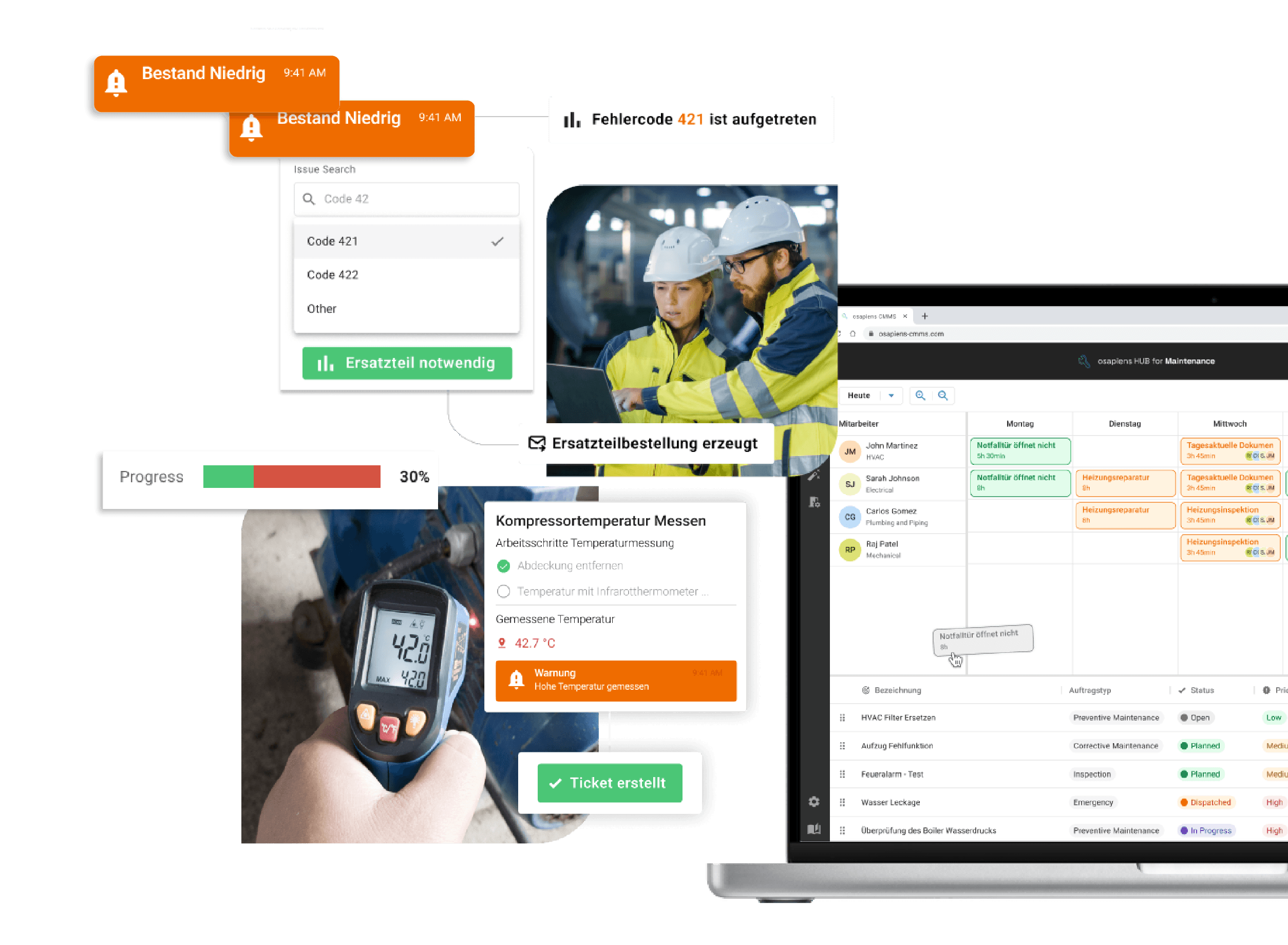 The osapiens HUB for Maintenance: Störungen mobil erfassen, Tickets priorisieren und Technikern zuweisen, Maßnahmen am Asset dokumentieren und Nachverfolgbarkeit gewährleisten