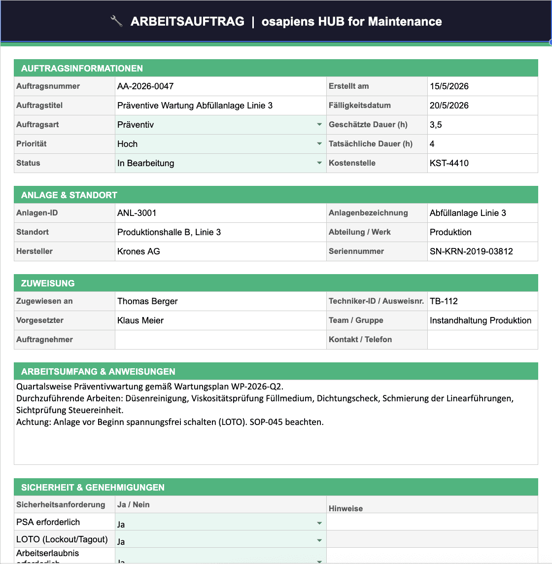 Arbeitsauftrag Vorlage mit osapiens HUB: Arbeitsauftrag erstellen