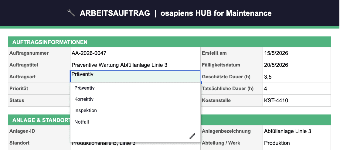 Arbeitsauftrag Vorlage mit dem osapiens HUB: Dropdown Auswahl für Auftragsart