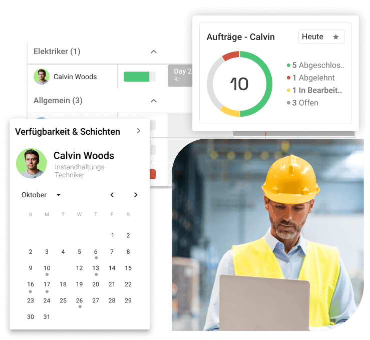 Plantafel im osapiens HUB for Maintenance mit Techniker-Verfügbarkeit und Auftragsübersicht