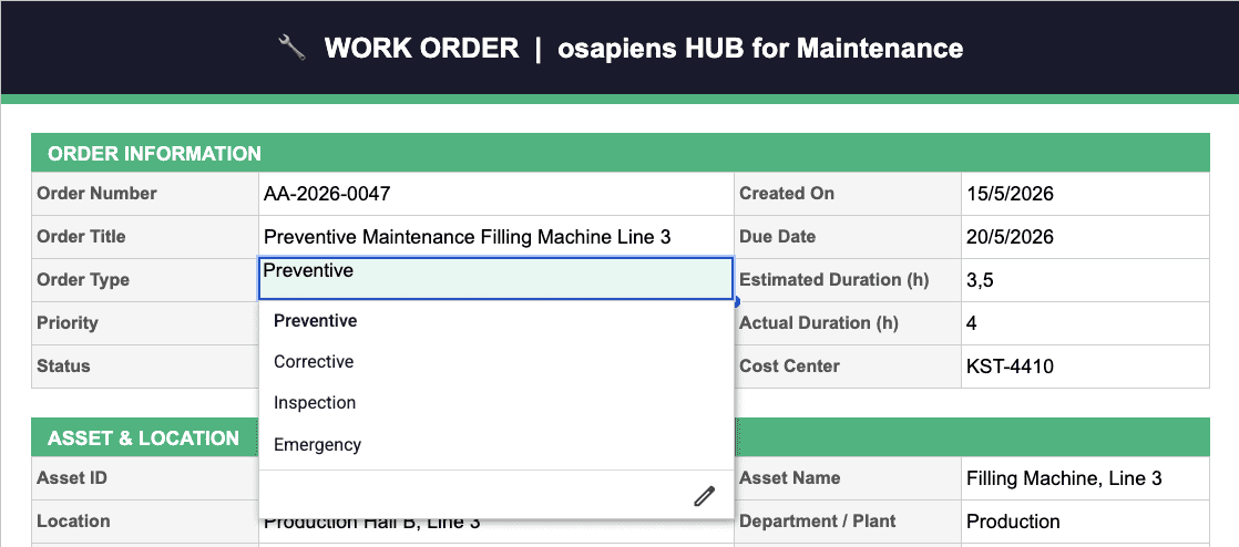 Work Order Template with osapiens: Dropdown menu