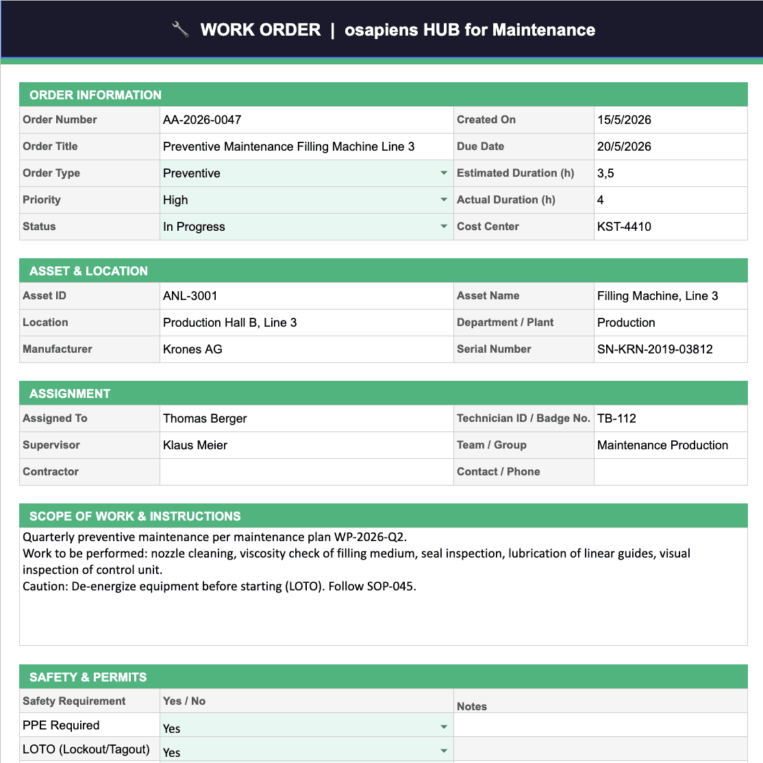Work Order Template from osapiens HUB – Overview of Work Order